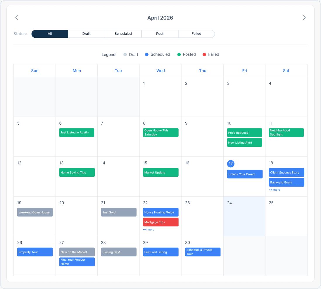 AgentAI Connect dashboard with scheduled posts